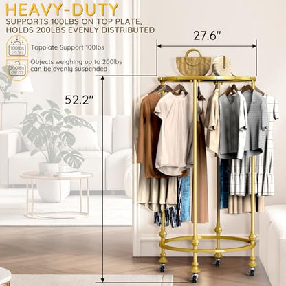 Rolling Round Garment Rack, Gold Clothing Rack with Wheels and Topper | Freestanding Double Space Retail Clothing Rack, Heavy Duty Commercial Boutique Display Rack for Retail Bedroom (Gold) - color: Gold