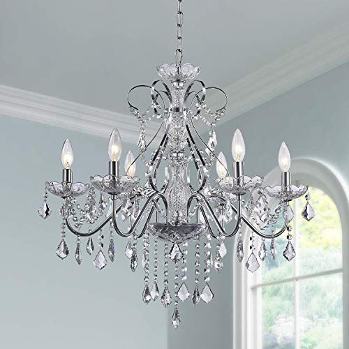 Saint Mossi 6 Light Crystal Chandelier Light Fixture Modern Chandelier Pendant Lighting, Chrome Pendant Raindrop Chandelier for Dining Room,Bedroom,Living Room,H23 x D24 - color: Chrome