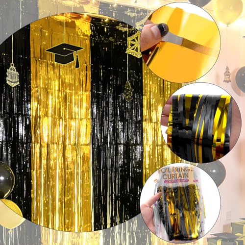 Ishua 2pcs Foil Fringe Curtains Black and Gold, 3.3x6.6ft Tinsel Streamer Backdrops Foil Fringe Curtains for Birthday, Graduation Party (Gold and Black) - color: Gold and Black
