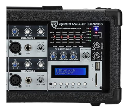 Rockville RPM85 2400W Powered 8 Channel Mixer, Bluetooth, USB/SD, 5 Band EQ, Adjustable Echo/Delay, +15V Phantom Power, for Live Music and Events