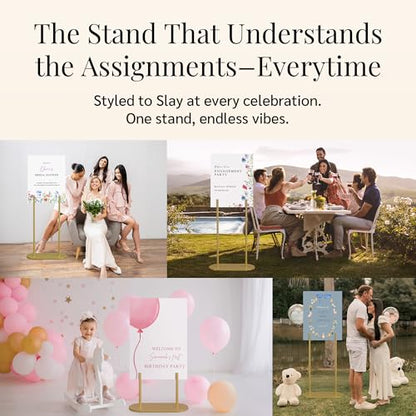 Gold Wedding Welcome Sign Stand with Holder - Elegant Metal Easel Display for Seating Chart, Reception Signs, Welcome Board - 30+ Customizable designs for Baby, Bridal Shower - Versatile Party Sign Holder - color: DRB-Gold