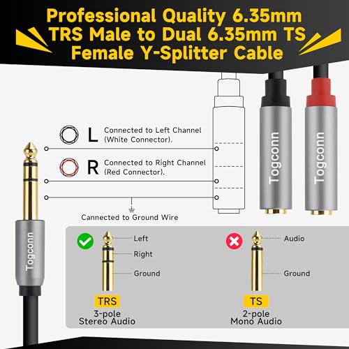 2-Pack 1/4 inch TRS Stereo Splitter Y Adapter, 6.35mm Stereo Male to Dual 6.35 mm TS Mono Female Jack, Quarter inch Audio Speaker Splitter Converter Cable 1 Feet, Gold Plated Connectors - color: 6.35mm TRS Male to Dual 6.35mm Female, size: 2 Pack