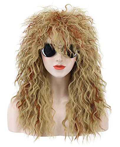 karlery Men Women Long Curly Orange Mix Blonde 70s Heavy Metal Rocker Mullet Wig 80s Costume Anime Wig | Mullet Wig 80s Costume Anime Wig