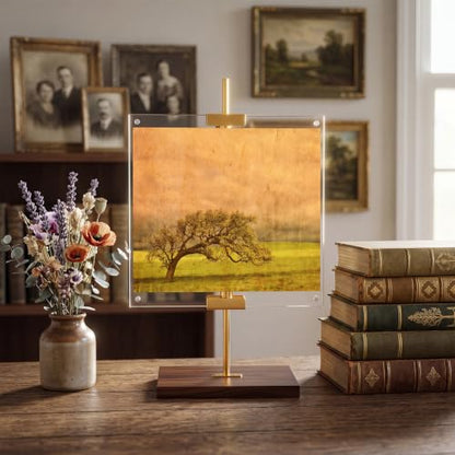 RattanView Adjustable Tabletop Easel Stand with Clear Acrylic Floating Photo Frame Set 16.5" Metal Picture Easel Display Stand for Picture, Art, Photos, Poster, Signs(Gold,Wooden Base) - color: Gold