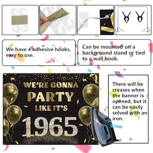 We’re Gonna Party Like It’s 1965 Birthday Banner Backdrop, Cheer to 61 Years Birthday Banner 61st Birthday Party Supplies for Men Women Photography Decorations Black and Gold Glitter Favors - size: 1965