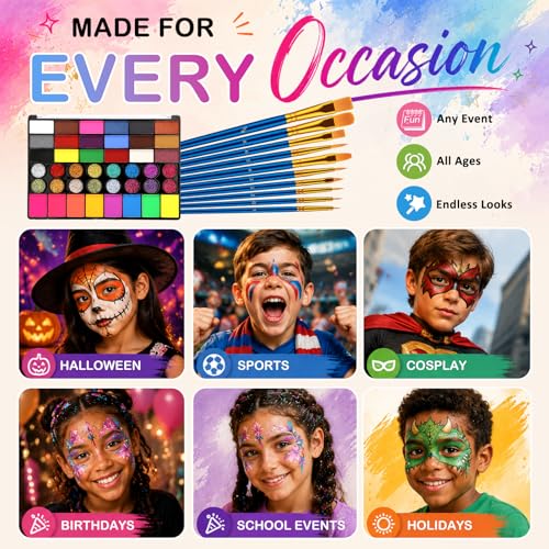 42 Colors Face Painting Kit for Kids -Water Activated Face paint palette | Face Painting Kit with 18 Matte, 16 Glitter and 8 UV-reactive Colors, Brushes, Stencils and Gems for Halloween and Cosplay