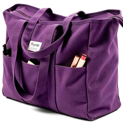 Bagelite Extra Large Canvas Tote Bag for Women Men, Utility Work Bags with Zipper - color: Purple