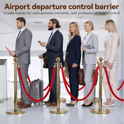 6Pcs Golden Stanchion Posts with 4 Red Velvet Ropes,Crowd Control Barriers for Birthday High-end Venues,Water/Sand/Concrete Fillable Leakproof Base,Easy to Assemble Golden