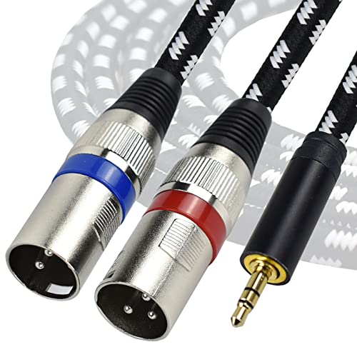 3.5 mm to Dual XLR Male Y Splitter Cable, 10 Feet Stereo 1/8 Mini TRS Headphone Jack to L/R Double XLR Male Aux Cord, Noise Free, Nylon Braided, for Studio Monitor Speaker and Phones