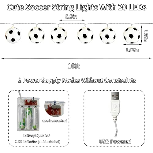 Soccer Ball String Lights,20 LED Soccer Fairy Lights for Sport Party Decor | 10FT 20 LED Soccer Ball String Lights Decor for Game Day Sports Party - style: Soccer Ball Lights