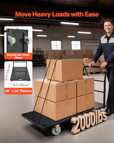 VEVOR Heavy Duty Platform Truck, 2000 LBS Industrial Steel Flatbed Cart with 360° Swivel Wheels, Platform Push Cart Dolly, Easy Storage for Warehouse/Garage/Moving/Garden (48" x 24" x 32") | Platform Truck with 360° Swivel Wheels, Foldable Push Cart Dolly