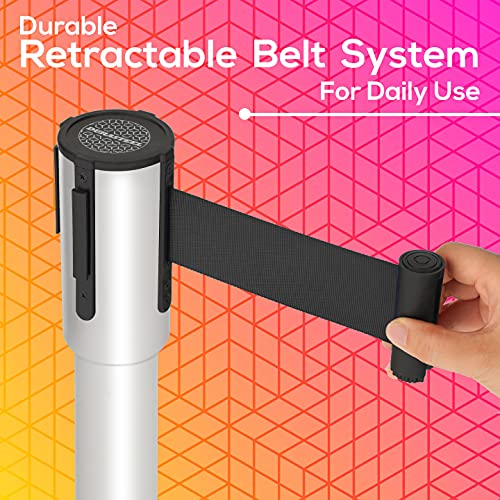 DuraSteel Crowd Control Barriers Line Dividers - Silver Stanchion Stainless Steel Posts with 6.5ft Black Retractable Belt Ropes - for Store Queues, Airport Lines, Event Entries - 2 Set/Pack - color: Black Belt, style: Silver Stanchion 2 Pieces Set
