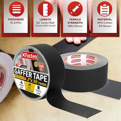 XFasten Black Gaffers 테이프 5.1cm(2인치) x 27.4m(30야드), 잔여물 없는 강한 접착력 (총 54.9m(180피트) 2팩) 전기 코드, 사진, 체육관 바닥 스테이지 마킹용 매트 블랙 비반사 테이프 - color: 블랙., size: 2 inch x 30 yards (2 packs)