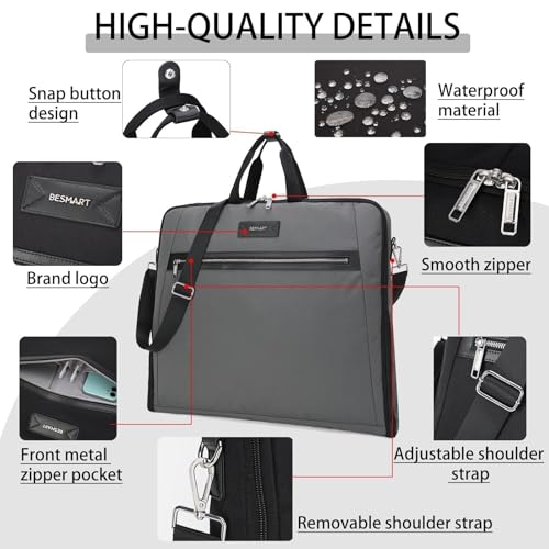 BESMART Garment Bags for Travel, 51" Large Suit Bag for Business Trips | Waterproof,Hangs 3 Suits,Foldable,Wrinkle Free Spacious Luggage Suit Cover,Adjustable Strap,Carry On Flight Approved,Grey - color: Grey