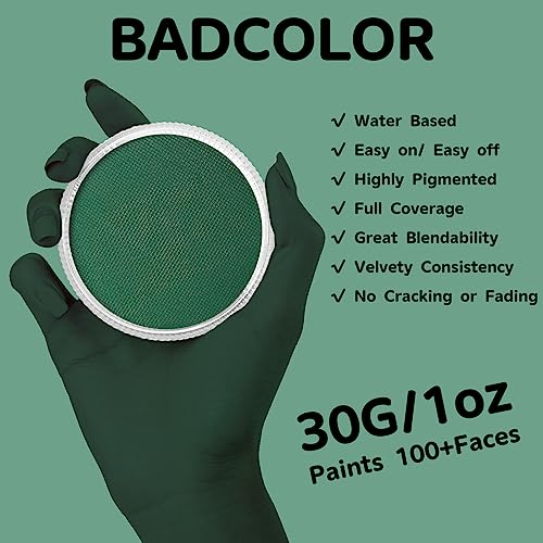 Dark Green Face Body Paint(30gm), Water Activated Face Painting Kit for Kids & Adults Party, Halloween Facepaint SFX Makeup Kit for Monster Witch Orcs Hulk Hunting Camo Costumes Cosplay - color: Dark Green