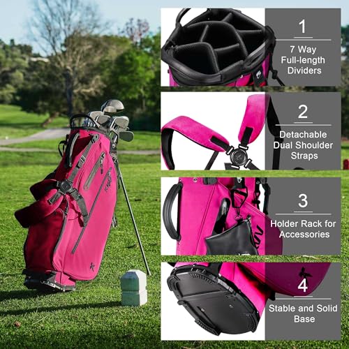 KVV Lightweight Golf Stand Bag with 7 Way Full-Length Dividers, 5 Zippered Pockets, Automatically Adjustable Dual Straps，Elegant Design - color: Shocking Pink