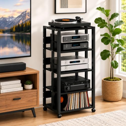 5-Tier AV Media Stand with Wheels, 43" Audio Rack Stereo Cabinet