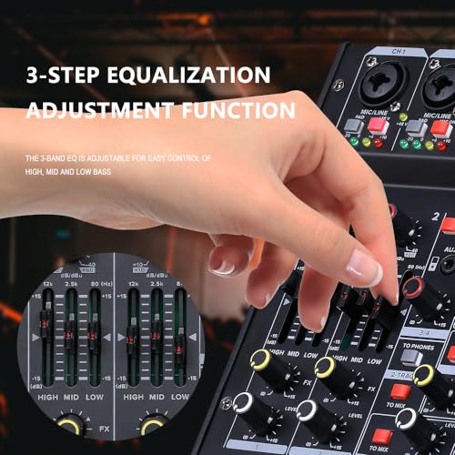 BOMGE 04M Audio Mixer, Sound Board Mixing Console with 4 Channel Digital USB Bluetooth 24 Sound Effect, Input 48V Phantom Power Stereo DJ Mixers for Recording, Live Streaming, Podcasting,Gaming