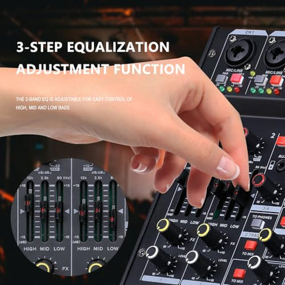 BOMGE 04M Audio Mixer, Sound Board Mixing Console with 4 Channel Digital USB Bluetooth 24 Sound Effect, Input 48V Phantom Power Stereo DJ Mixers for Recording, Live Streaming, Podcasting,Gaming