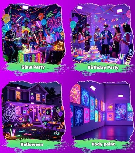 TigQiang 100W 4 Pack Black Light, Glow Party Supplies, Blacklight Halloween | IP66 Waterproof, Blacklights Flood Light for Neon Parties, Body Paint, Birthday, Fluorescent Poster, 6Ft Cord & Plug & Switch - size: 100W-4Pack