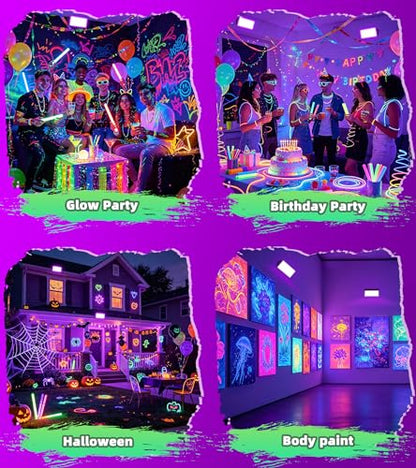 TigQiang 100W 4 Pack Black Light, Glow Party Supplies, Blacklight Halloween | IP66 Waterproof, Blacklights Flood Light for Neon Parties, Body Paint, Birthday, Fluorescent Poster, 6Ft Cord & Plug & Switch - size: 100W-4Pack