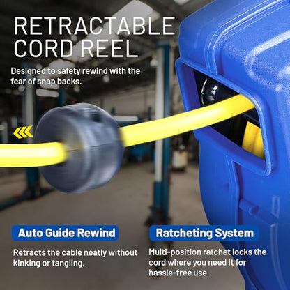 Goodyear Extension Cord Reel Retractable 16AWG x 50' Foot 3C/SJTOW Commercial Cable LED Triple Tap Connector Power 10A 125VAC 938W | 3C/SJTOW Commercial Cable LED Triple Tap Connector Power 10A 125VAC 938W