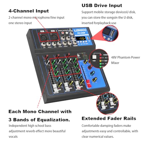 Professional Audio Mixer, 4 Channel DJ Bluetooth Portable Mixer Board | USB DJ Mixer Board with 48v Phantom Power, DJ mixers Sound Board for Live Show Streaming Music Stage Karaoke