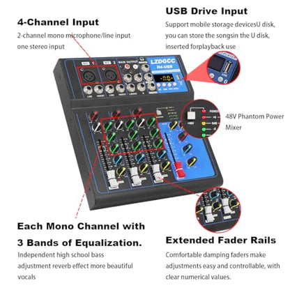 Professional Audio Mixer, 4 Channel DJ Bluetooth Portable Mixer Board | USB DJ Mixer Board with 48v Phantom Power, DJ mixers Sound Board for Live Show Streaming Music Stage Karaoke