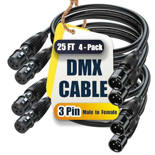 SMALL-EYE 3 Pin DMX Cables 25 ft 4-Pack, Male to Female Lighting Cable | DMX512 Signal Protocol, 116Ω Optimized Impedance, Reduced Signal Interference, Reliable Connector Fit - size: 25 Feet - 4 Packs