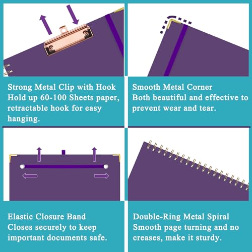 HAUTOCO Clipboard Folio with Refillable Lined Notepad for Letter Size (11" x 8.5"), 5 Dividers with 10 Pockets, Elastic Pen Holder and File Folder Labels, Spiral Nurse Clipboard Artboard(Dark Purple) - color: Dark Purple