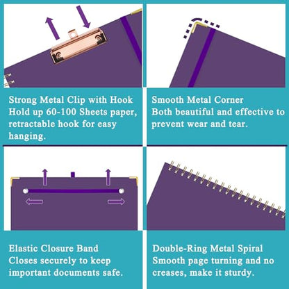 HAUTOCO Clipboard Folio with Refillable Lined Notepad for Letter Size (11" x 8.5"), 5 Dividers with 10 Pockets, Elastic Pen Holder and File Folder Labels, Spiral Nurse Clipboard Artboard(Dark Purple) - color: Dark Purple