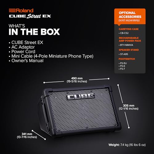 Roland Cube Street EX | Battery-Powered 50W Stereo Amplifier | Clear, Dynamic Sound | Ideal for Outdoor Performances | Supports Mics, Instruments & Audio Devices | COSM Tones for Electric Guitar | Dynamic Sound, Outdoor Performances, Supports Mics, Instru