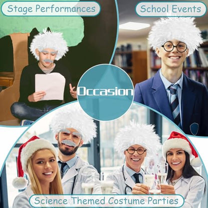 Rrshnsgv 6 PCS Old Man Mad Scientist Wig Set, Crazy Physicist Costume, Dressing Up Grandpa for Kids 100th Day of School, Cosplay Party With Eyebrows, Mustache, Glasses - color: Style-b