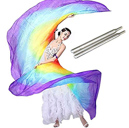 KIKIGOAL 100% Silk Belly Dance ISIS Wings Scarf Veil Fan with Telescopic Stick for Halloween Carnival Performance 1.4x2.7cm - color: Gradual Purple