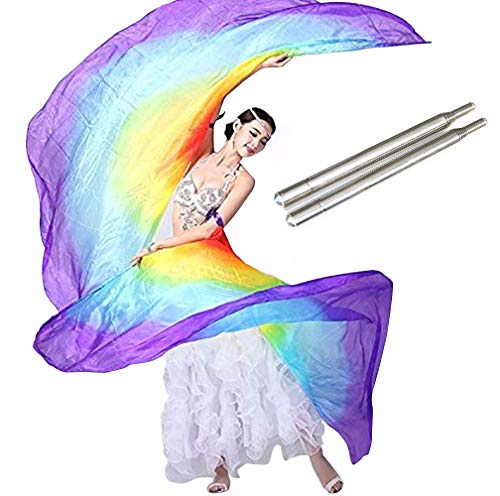 KIKIGOAL 100% Silk Belly Dance ISIS Wings Scarf Veil Fan with Telescopic Stick for Halloween Carnival Performance 1.4x2.7cm - color: Gradual Purple