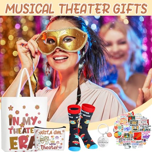 104 Pcs Theater Gifts Set for Women Men Aesthetic Waterproof Stickers Socks Canvas Tote Bag Makeup Bag Keychain for Theaters Lovers Music Actor Actress Theatre Mask Presents Prom Gift
