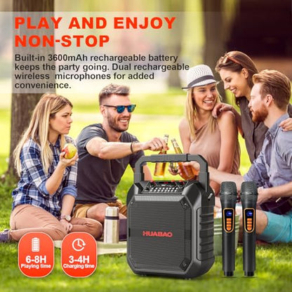 Karaoke Machine with 2 Wireless Microphones, Portable Bluetooth Speaker for Adults & Kids, Bass & Treble Adjustment, PA System Supports TF Card/USB/FM/AUX for Home Party, Indoor and Outdoor - size: 2 Mics