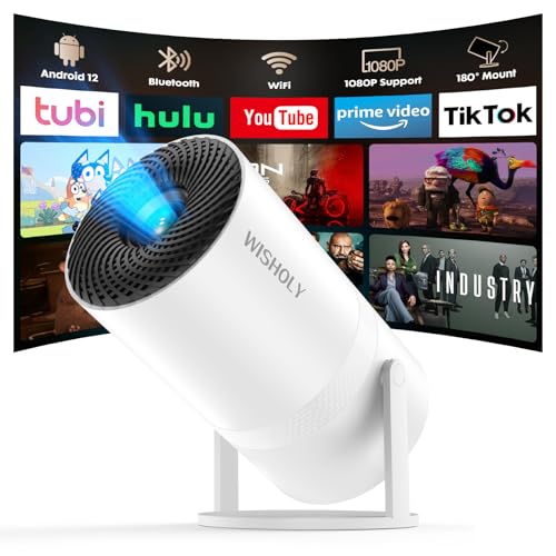 【 Built-in Apps & Android 12】WISHOLY Mini Projector with WiFi and Bluetooth, Portable Smart Projector with Auto Keystone Correction, 1080P Support, 180° Rotatable, HDMI USB Compatible