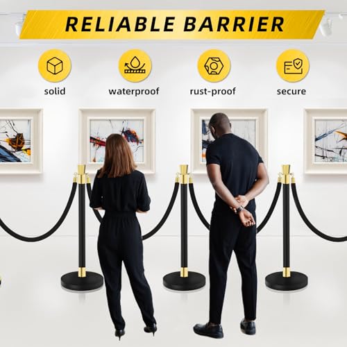 Black Stainless Steel Stanchions Rope - Crowd Control Barriers with Red Carpet Safety Barrier, Velvet Ropes and Posts & Retractable Belts for Party Theater Weddings, Museums - 6 Pcs - color: Black, size: 6Pcs