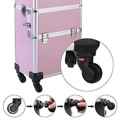mefeir 3 in 1 Rolling Makeup Train Case, Large Cosmetic Trolley with 360° Rotation Wheels & 2 Drawers, Professional for Makeup & Tattoo Artist & Hairstylist - color: Pink