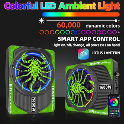2026 Upgraded 10" 1600W Slim Under Seat Car Subwoofer with Built-in Amp & LED Ambient Lights - Low Profile Bass Sub for Car Audio Individual Controls (LPF/Gain/Bass Boost) High Output Distortion-Free - color: Green XZ