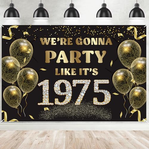 We’re Gonna Party Like It’s 1975 Birthday Banner Backdrop Cheer to 51st Birthday Party Supplies for Men Women Photography Decorations Black and Gold Glitter Favors - size: 1975