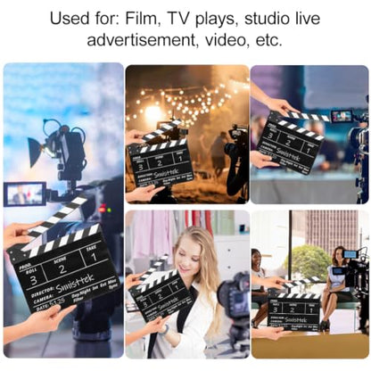 Film Slate Clapper Board, Acrylic Black Movie Directors Clapboard | 9.6 x 11.7 In Movie Clapboard Cut Action Scene Prop for Photography and Video Shooting, Comes with Magnetic Eraser and 2 Pens