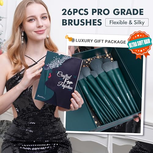 Bueart Design 26Pcs PRO Ultra Soft Makeup Brushes Set (with Elegant Box) | Premium Ultra Soft Synthetic Brush for Foundation Blush Powder Contour Concealer Bronzer Eyeshadow - color: 26Pcs Dark Green Makeup Brushes