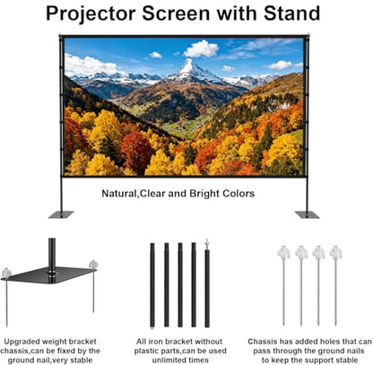 Outdoor Projector Screen with Stand 120 Inch, Portable Indoor/Outdoor 4K HD Movie Screen 16:9, Wrinkle-Free & Lightweight with Carry Bag for Backyard Camping Movie Nights