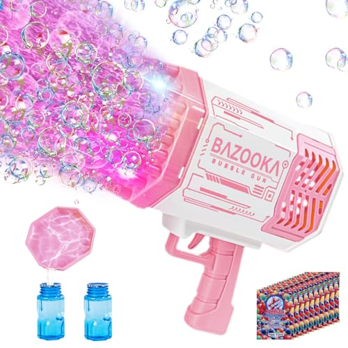 Deserthome Bubble Gun, Pink Bazooka Bubble Machine with Bubble Solution | 69-Hole Light-Up Bazooka Bubble gun Blaster, Produces Massive Bubbles, Outdoor Summer Toy for Kids, Ideal Party Favors - color: Pink