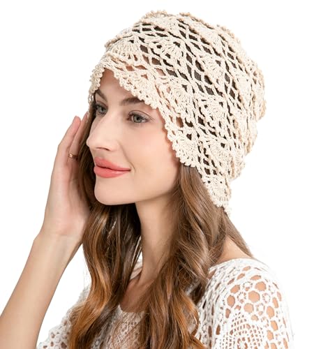 ZLYC Women Cotton Crochet Slouchy Beanie Hat Handmade Knit Summer Skull Cap | Lightweight breathable,boho casual chic look,travel photos festival party,café commute daily wear,beach concert gathering - color: Knitted Beige