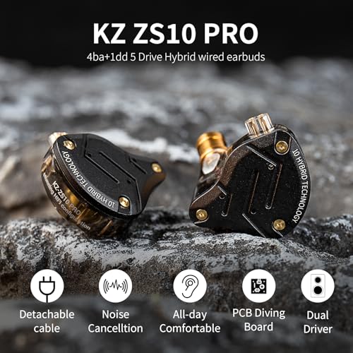 KZ ZS10 Pro in Ear Monitor, IEM Earbuds Headphone, Gaming Earbuds with 4BA and 1DD Drivers, KZ HiFi IEM Earphone Upgraded ZS10 with Detachable 0.75mm 2 Pin 6N OFC Cable (Black No Mic) - color: Black, size: No Microphone