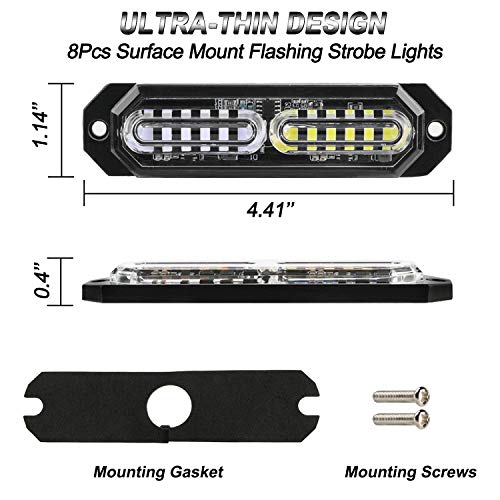 ASPL 8pcs Sync Feature Ultra Slim 12-LED Surface Mount Flashing Strobe Lights for Truck Car Vehicle LED Mini Grille Light Head Emergency Beacon Hazard Warning Lights (Blue/White) - color: Blue/White, size: 4.41L x 0.44W x 1.14H Inch
