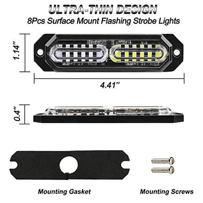 ASPL 8pcs Sync Feature Ultra Slim 12-LED Surface Mount Flashing Strobe Lights for Truck Car Vehicle LED Mini Grille Light Head Emergency Beacon Hazard Warning Lights (Blue/White) - color: Blue/White, size: 4.41L x 0.44W x 1.14H Inch